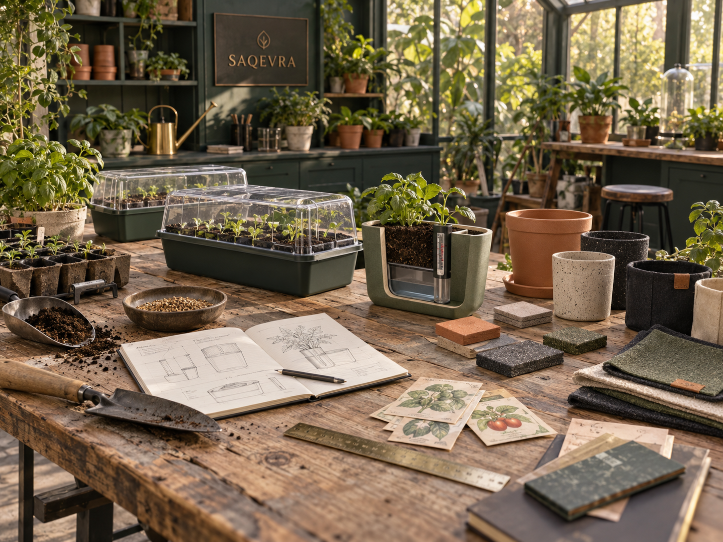 Saqevra greenhouse workshop with seedling trays, planter prototypes, material samples and garden sketches
